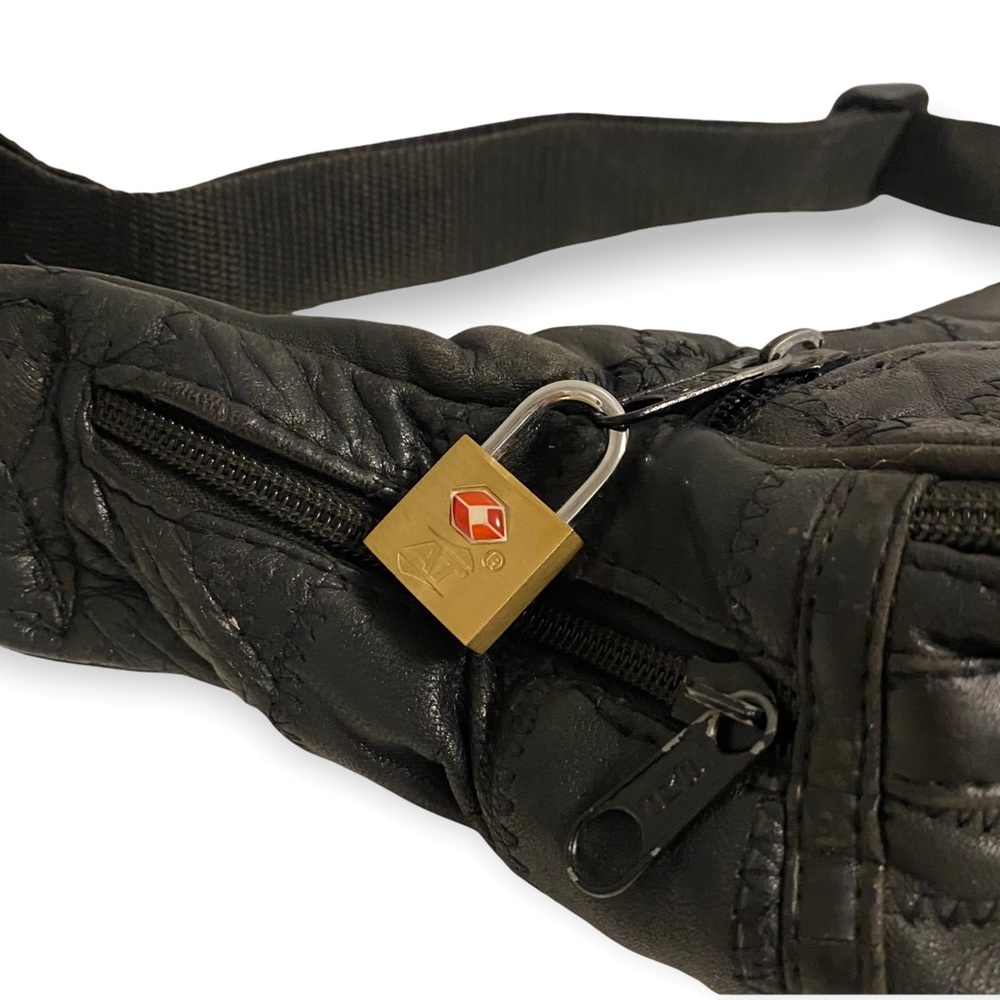 Black Vintage Patchwork Stitch Leather Fanny Pack / Bum Bag - Picture 7 of 8